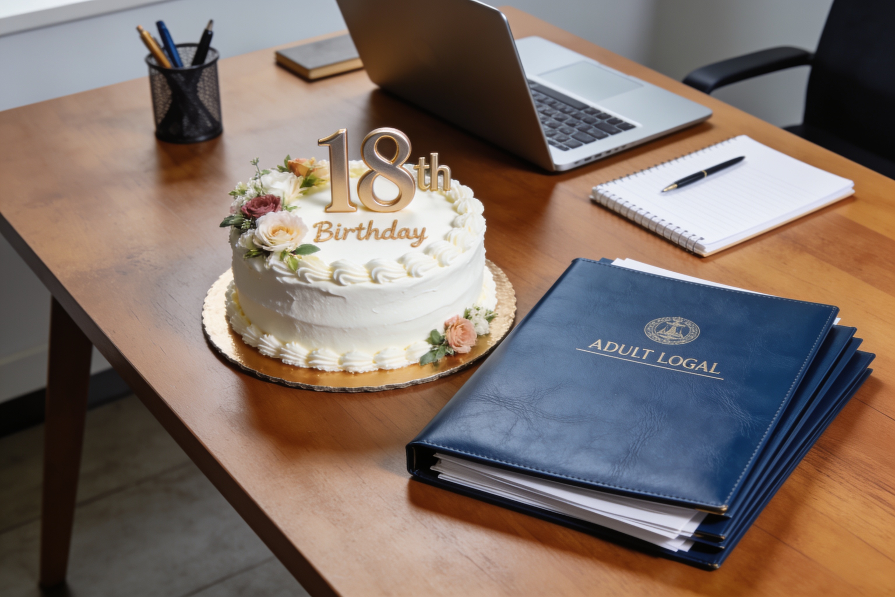 现代18岁生日蛋糕与成年法律文件的对比构图
