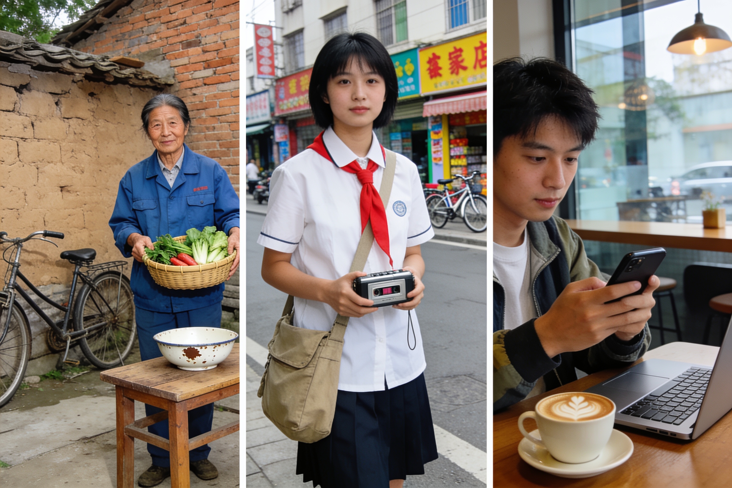 60后、80后、00后三代人18岁时的生活状态对比示意图
