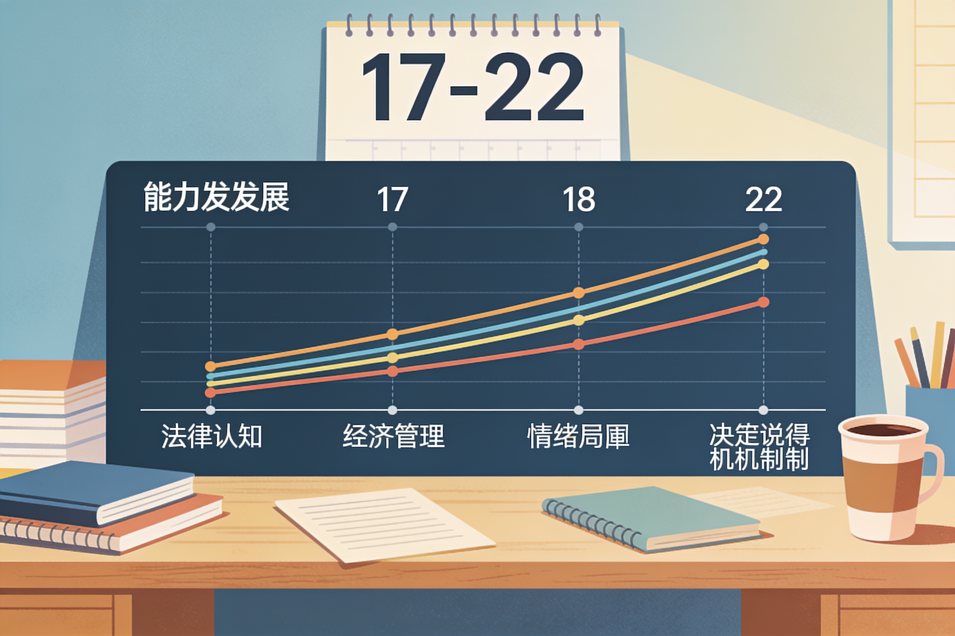 能力发展时间轴示意图，展示法律认知、经济管理、情感边界、决策机制四个维度在17-22岁阶段的典型发展曲线